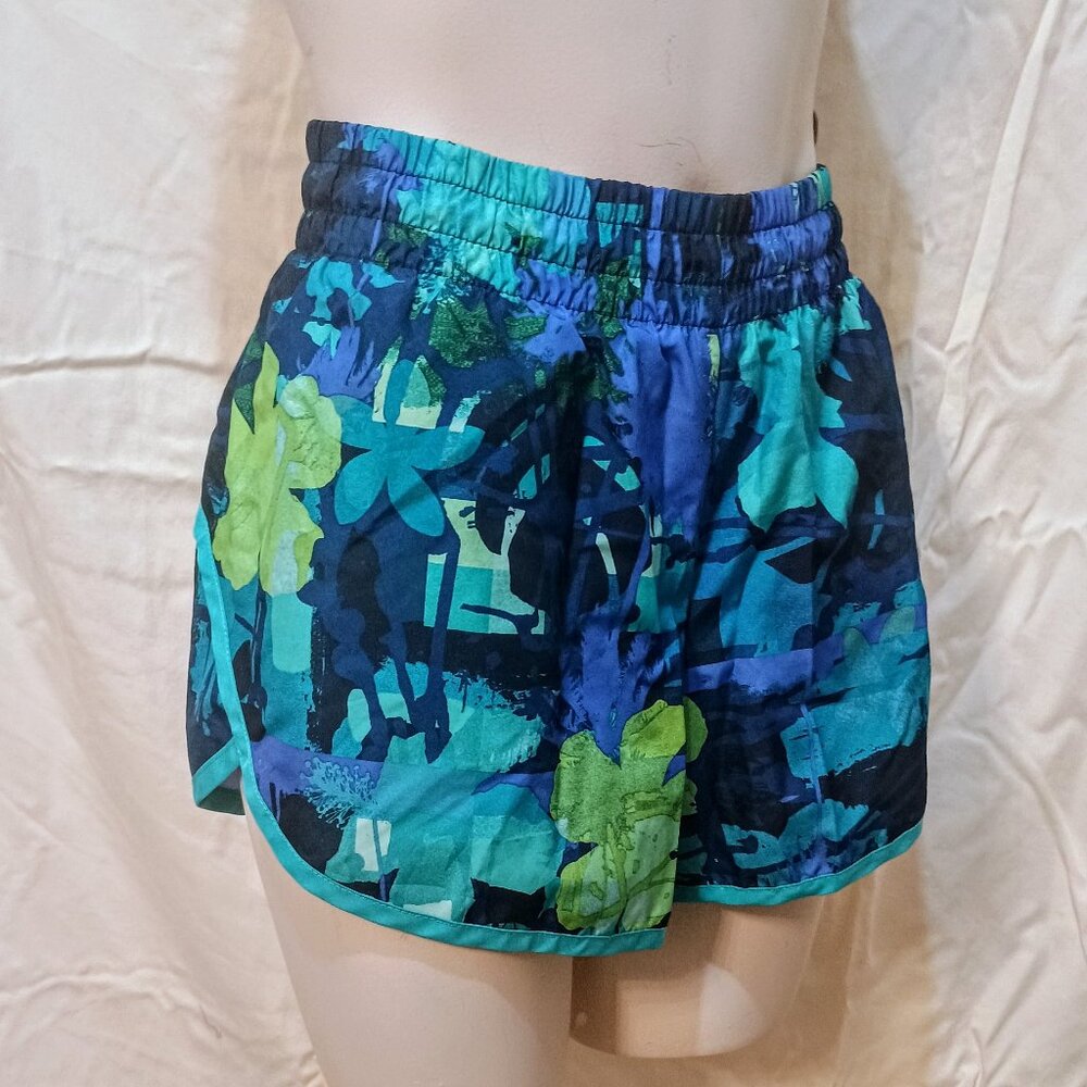 Danskin Now Blue & Green Floral Print Athletic Running Shorts Medium Lined